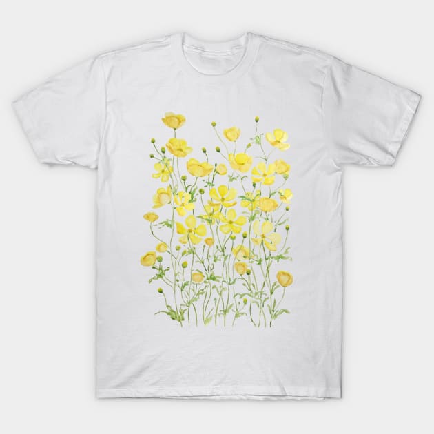 yellow buttercup flower field watercolor T-Shirt by colorandcolor